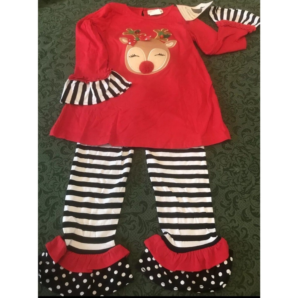 Rare Editions 18 Month Girl Reindeer Applique Top and Striped Legging Set Red